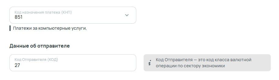 Форма валютного контроля с полями КНП и КОД